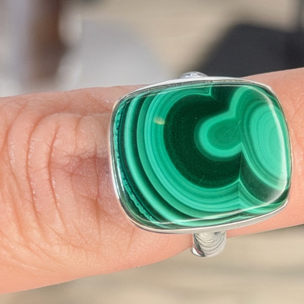 Square Congo Malachite Ring Solid 925 Sterling Si… - image 1